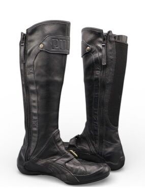 PUMA Berlin Knee High Boots Black Leather Size 9.5 90's Vintage Y2K Biker Boots